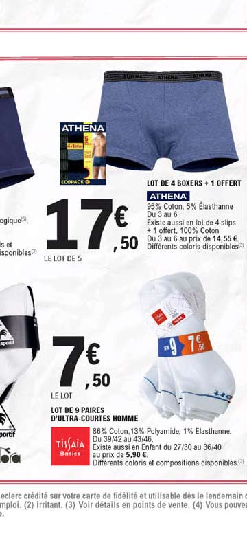 Lot De 4 Boxers + 1 Offert Athena, Lot De 7 Paires D'ultra-courtes Homme Tissaia