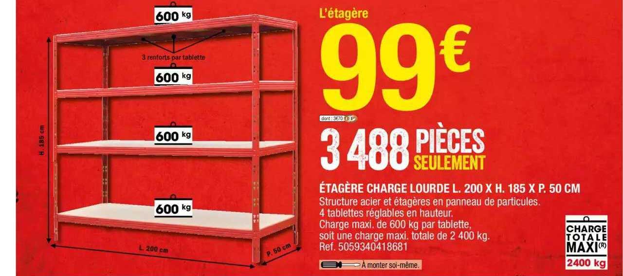 étagère charge lourde l. 200 x h. 185 x p. 50 cm