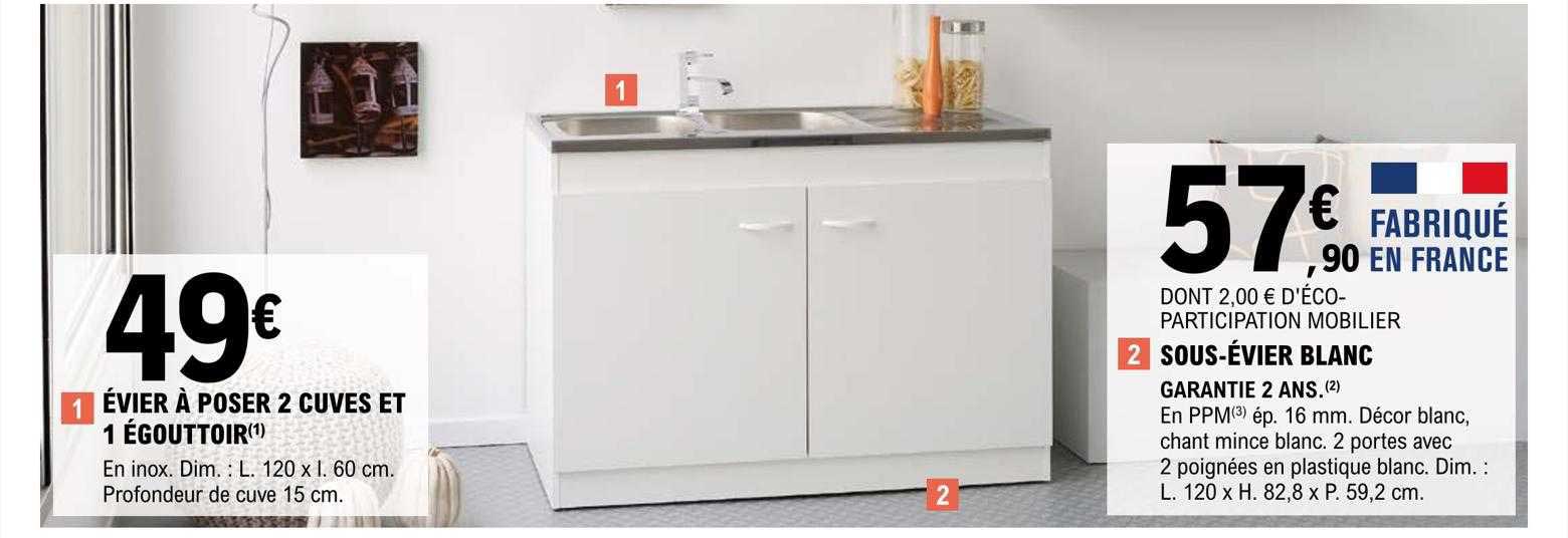 évier à poser 2 cuves et 1 égouttoir, sous-évier blanc