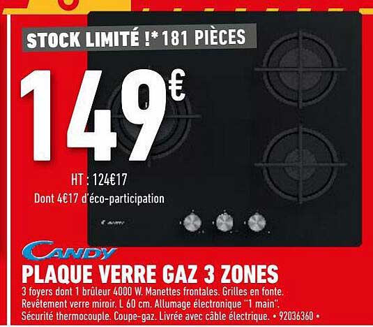 plaque verre gaz 3 zones candy