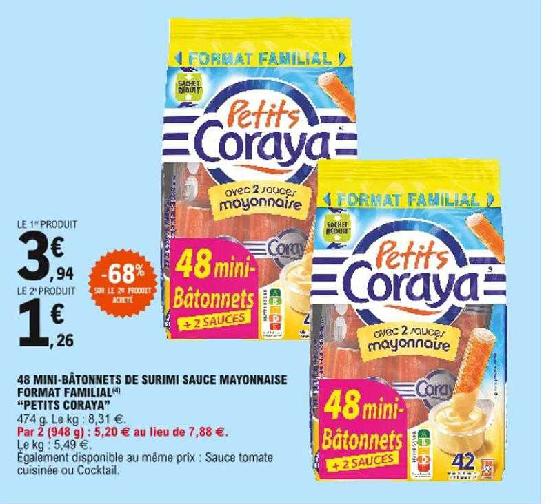48 Mini-bâtonnets De Surimi Sauce Mayonnaise Format Familial "petits Coraya"