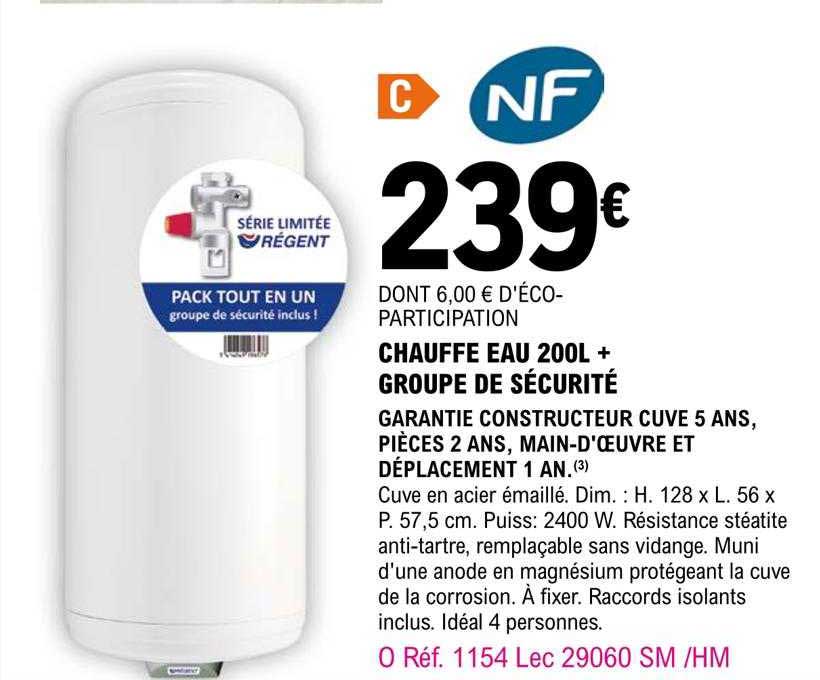 chauffe eau 200l + groupe de sécurité