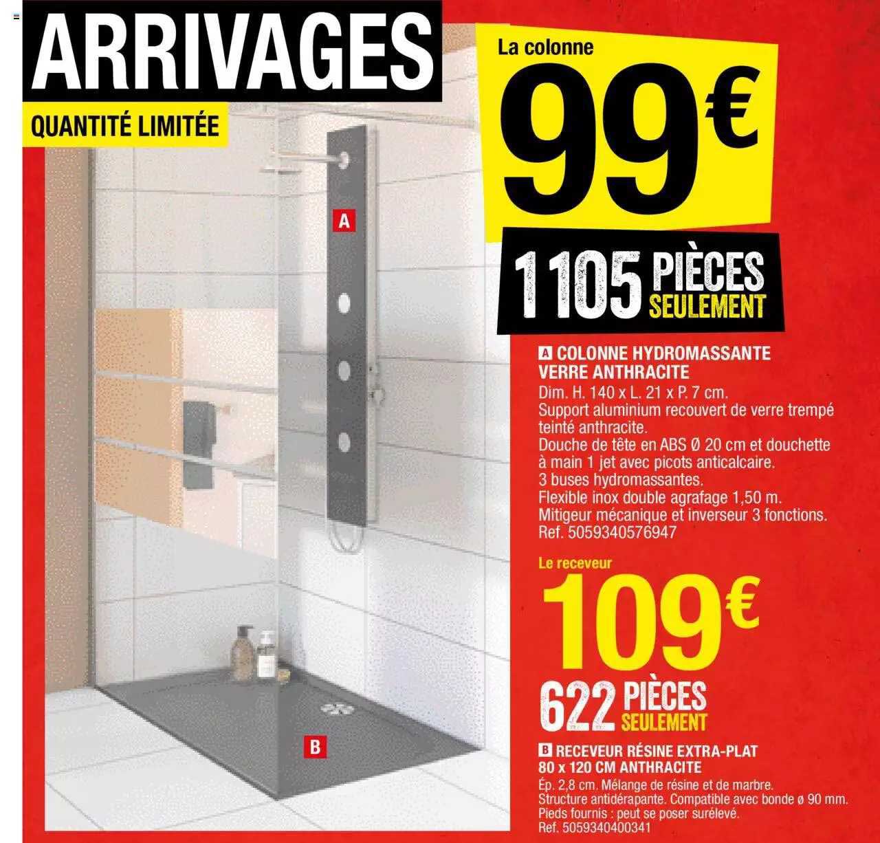 colonne hydromassante verre anthracite, receveur résine extra-plat 80 x 120 cm anthracite