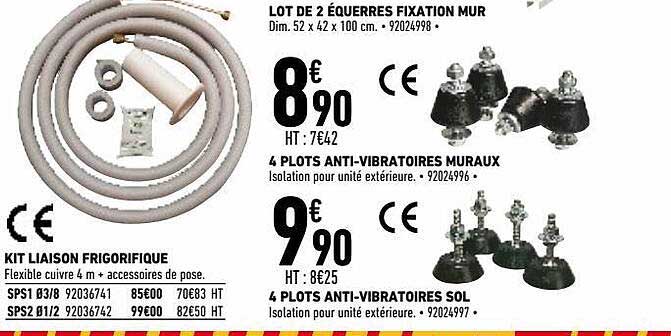 kit liaison frigorifique, lot de 2 équerres fixation mur, 4 plots anti-vibratoires muraux, 4 plots anti-vibratoires sol