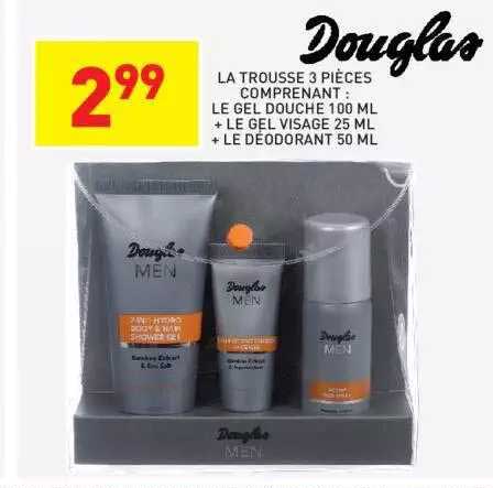 la trousse 3 pièces comprenant : le gel douche 100ml + le gel visage 25ml + le déodorant 50ml