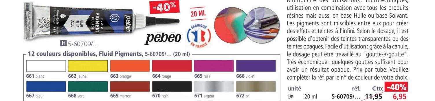 12 couleurs disponibles, fluid pigments pébéo