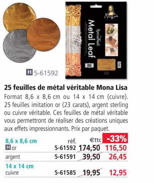 25 Feuilles De Métal Véritable Mona Lisa