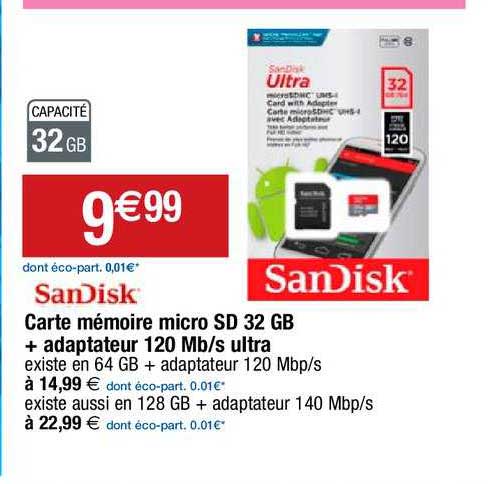 carte mémoire micro sd 32 gb + adaptateur 120 mb-s ultra sanDisk