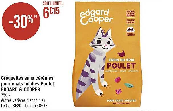 croquettes sans céréales pour chats adultes poulet edgard & cooper