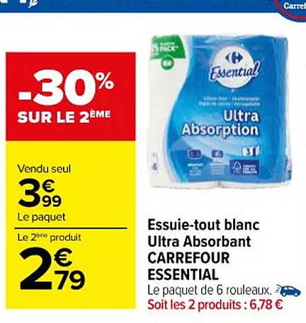 essuie-tout blanc ultra absorbant carrefour essential