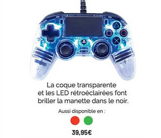 la coque transparente et les led rétroéclairées font briller la manette dans le noir