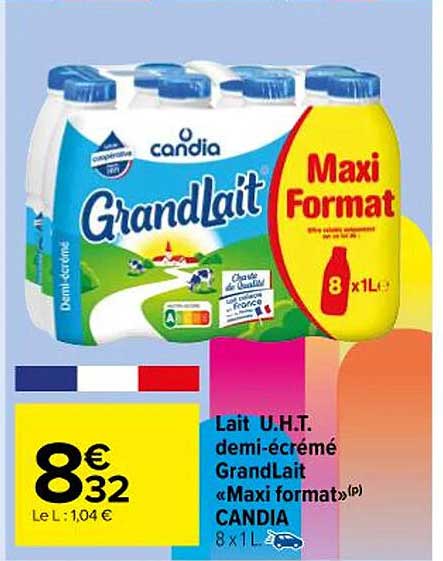 lait u.h.t. demi-écrémé grandLait «maxi format» candia