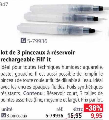 lot de 3 pinceaux à réservoir rechargeable fill' it