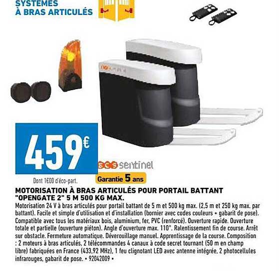 motorisation à bras articulés pour portail battant "opengate 2" 5 m 500 kg max