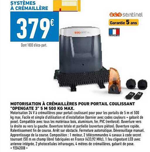 motorisation à crémaillères pour portail coulissant "opengate 3" 5 m 500 kg max