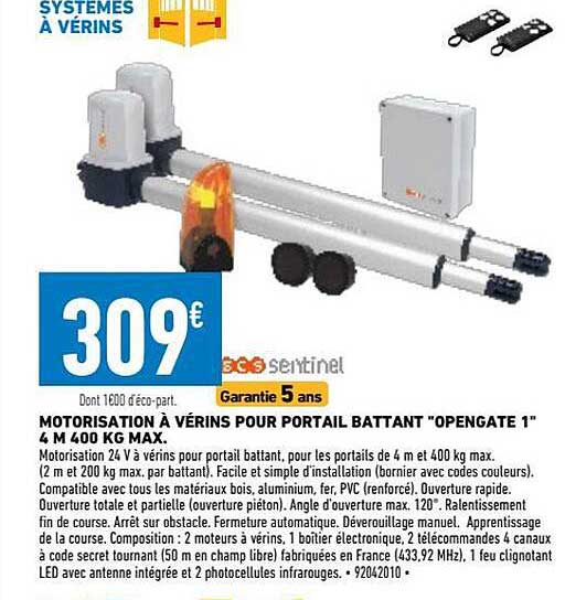 motorisation à vérins pour portail battant "opengate 1" scs sentinel