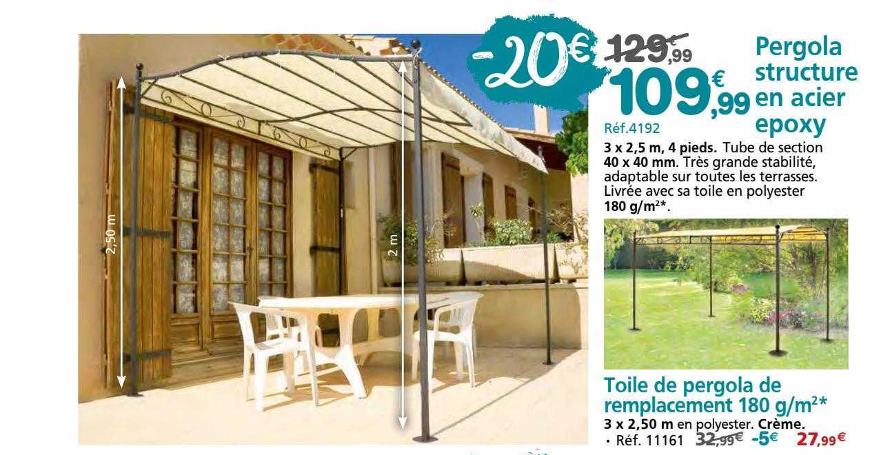 pergola structure en acier epoxy, toile de remplacement 180 g-m²