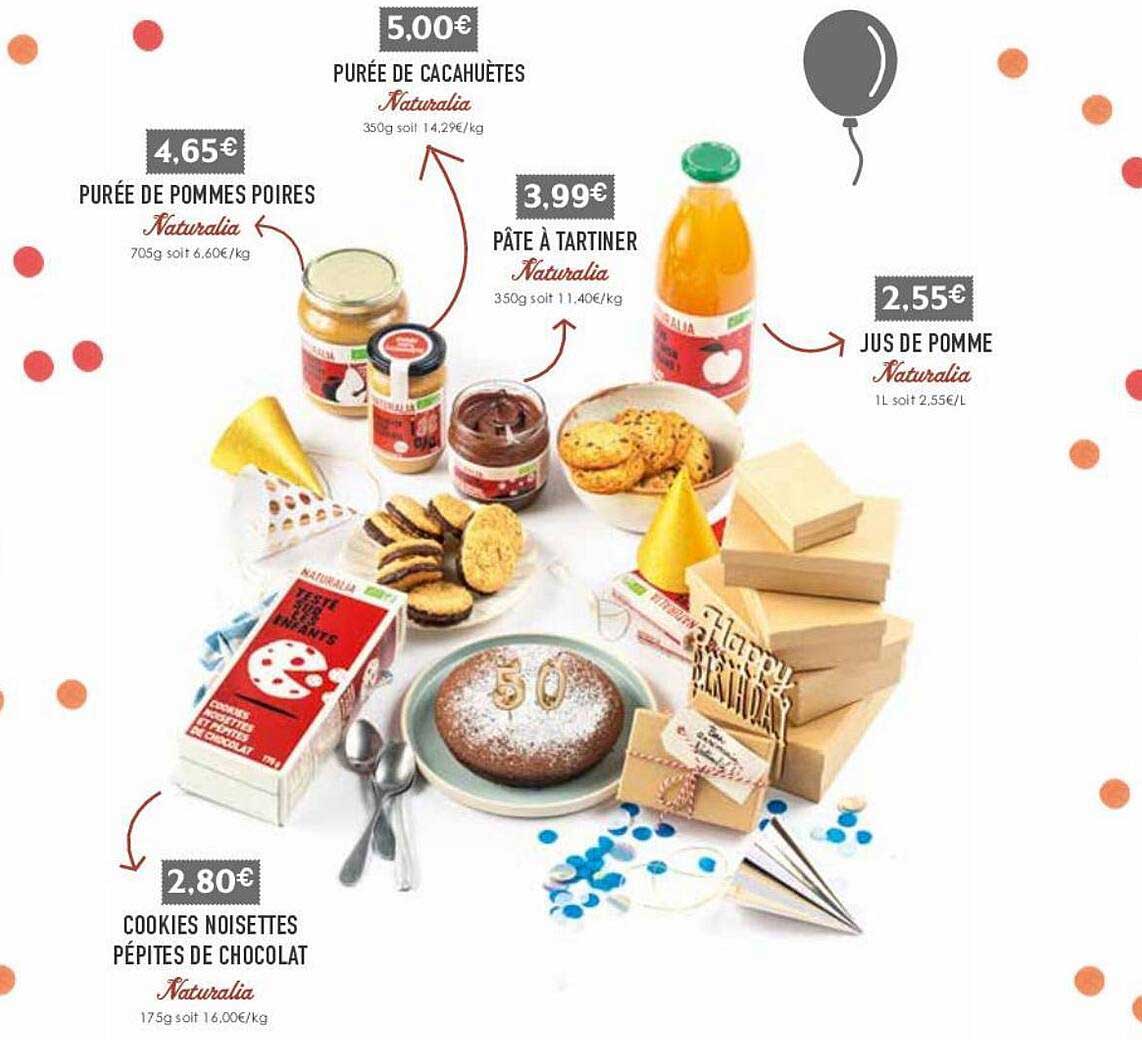 purée de pommes poires naturalia, cookies noisettes pépites de chocolat naturalia, purée de cacahètes naturalia, pâte à tartiner naturalia, jus de pomme naturalia