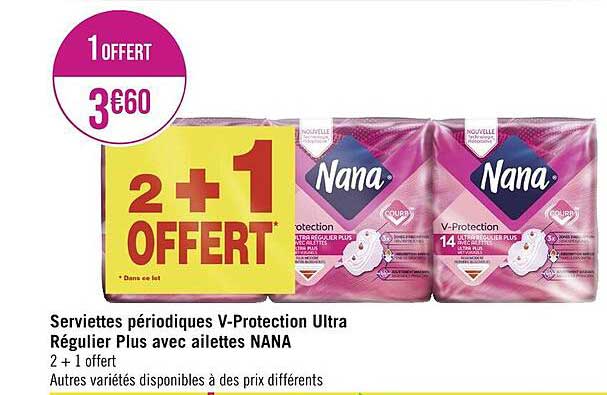 serviettes périodiques v-protection ultra régulier plus avec ailettes nana