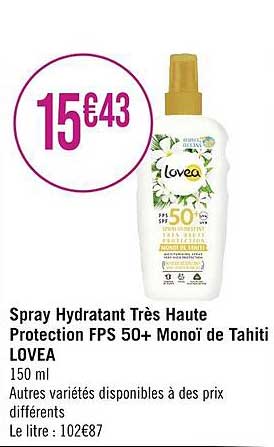 spray hydratant très haute protection fps 50+ monoï de tahiti lovea
