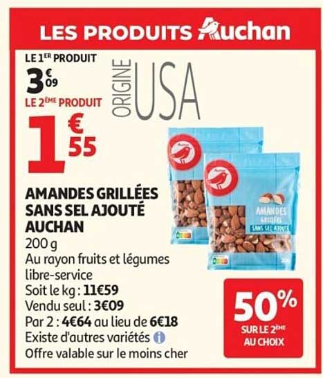 AMANDES GRILLÉES SANS SEL AJOUTÉ AUCHAN