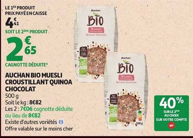 Auchan Bio Muesli Croustillant Quinoa Chocolat