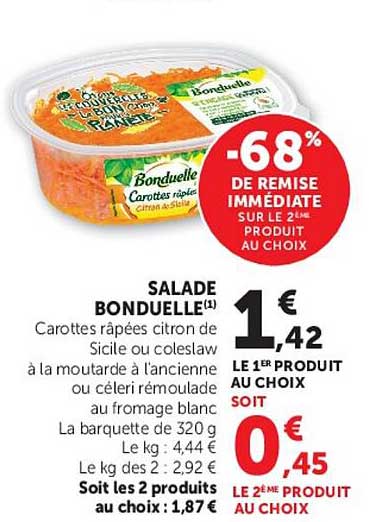 Bonduelle Salade Carottes râpées citron de Sicile ou coleslaw à la moutarde à l'ancienne ou céleri remoulade au fromage blanc