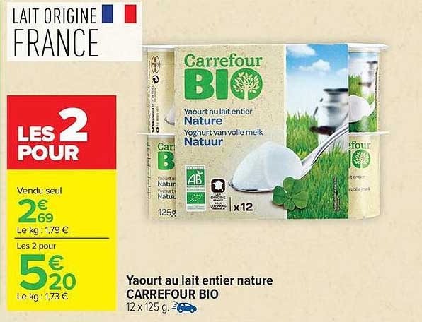 Carrefour BIO Yaourt au lait entier Nature