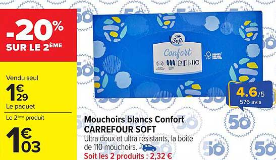 CARREFOUR SOFT Mouchoirs blancs Confort