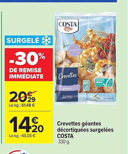 COSTA Crevettes géantes décortiquées surgelées