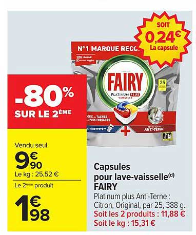 FAIRY Platinum Plus Anti-Terre Citron, Original, par 25, 388 g