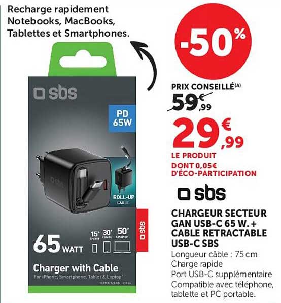 sbs CHARGEUR SECTEUR GAN USB-C 65 W + CABLE RETRACTABLE USB-C SBS