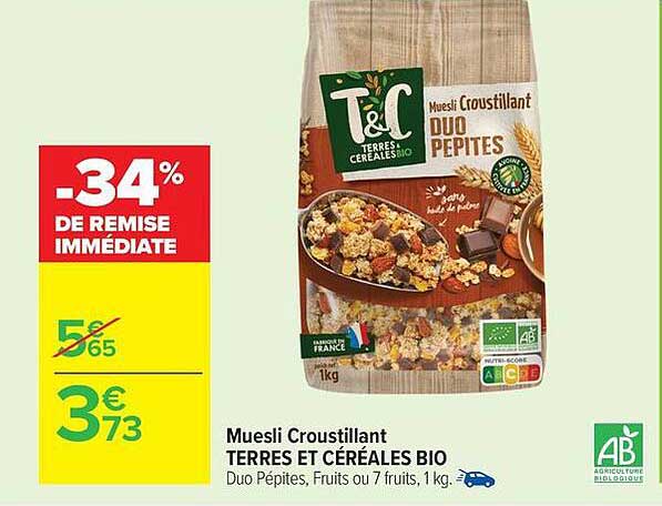 Terres et Céréales Bio Muesli Croustillant Duo Pépites