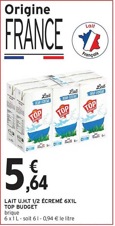 TOP BUDGET LAIT U.H.T 1/2 ÉCRÉMÉ 6X1L
