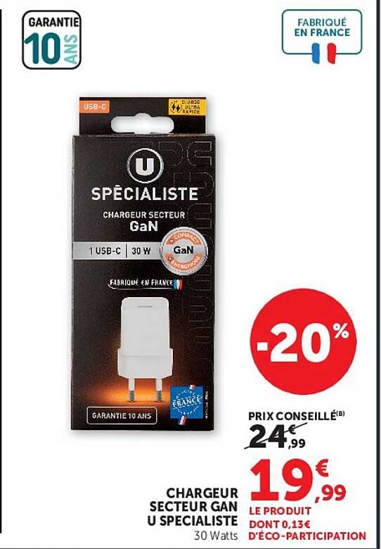 U SPÉCIALISTE Chargeur secteur GaN