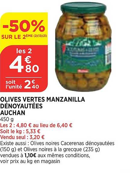 olives vertes manzanilla dénoyautées auchan