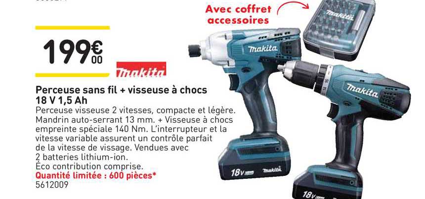 perceuse sans fil + visseuse à chocs 18 v 1,5 ah makita