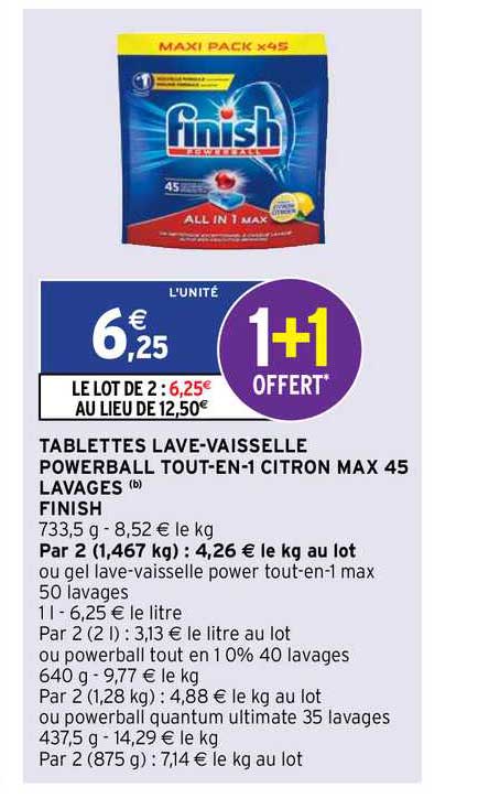tablettes lave-vaisselle powerball tout-en-1 citron max 45 lavages finish