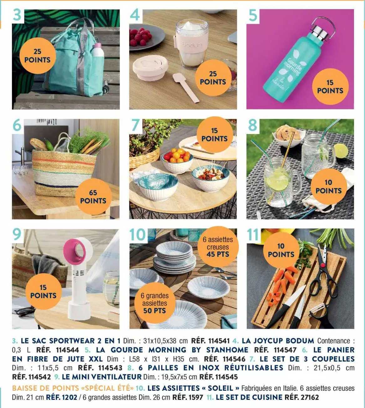 sac sportwear 2 en 1, joycup bodum, gourde morning by stanhome, panier en fibre de jute xxl, set de 3 coupelles, pailles en inox réutilisables, mini ventilateur, assiette «soleil», set de cuisine