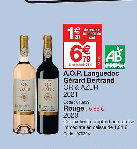 a.o.p. languedoc gérard bertrand or & azur 2021, rouge 2020