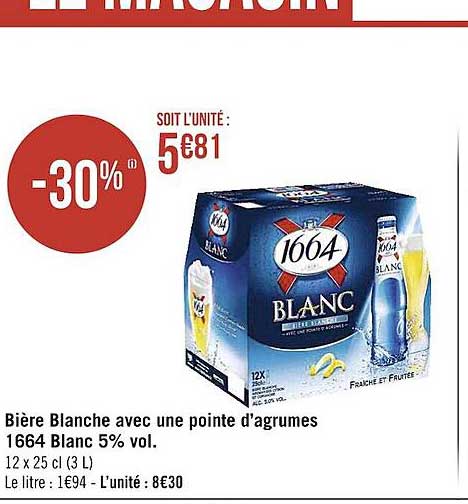 bière blanche avec une pointe d'agrumes 1664 blanc 5% vol.