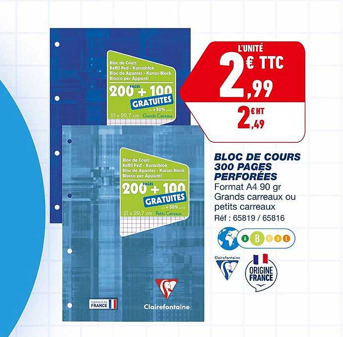 bloc de cours 300 pages perforées