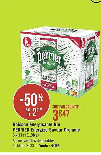 Boisson énergisante Bio Perrier Energize Saveur Grenade