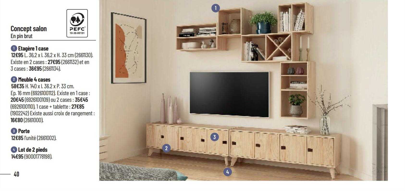 concept salon : étagère 1 case, meuble 4 cases, porte, lot de 2 pieds