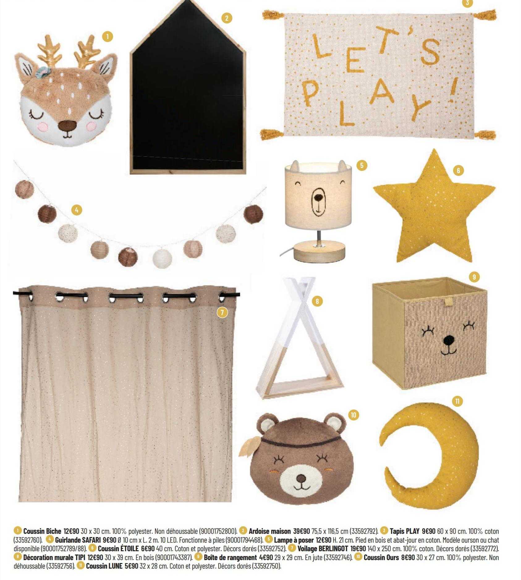 coussin biche, ardoise maison, tapis play, guirlande safari, lampe à poser, coussin étoile, voilage berlingo, décoration mural tipi, boîte de rangement, coussin ours, coussin lune