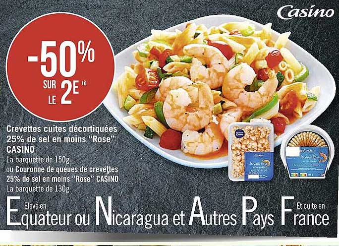 crevettes cuites décortiqués 25% de sel en moins "rose" casino ou coronne de queues de crevettes 25% de sel en moins "rose" casino