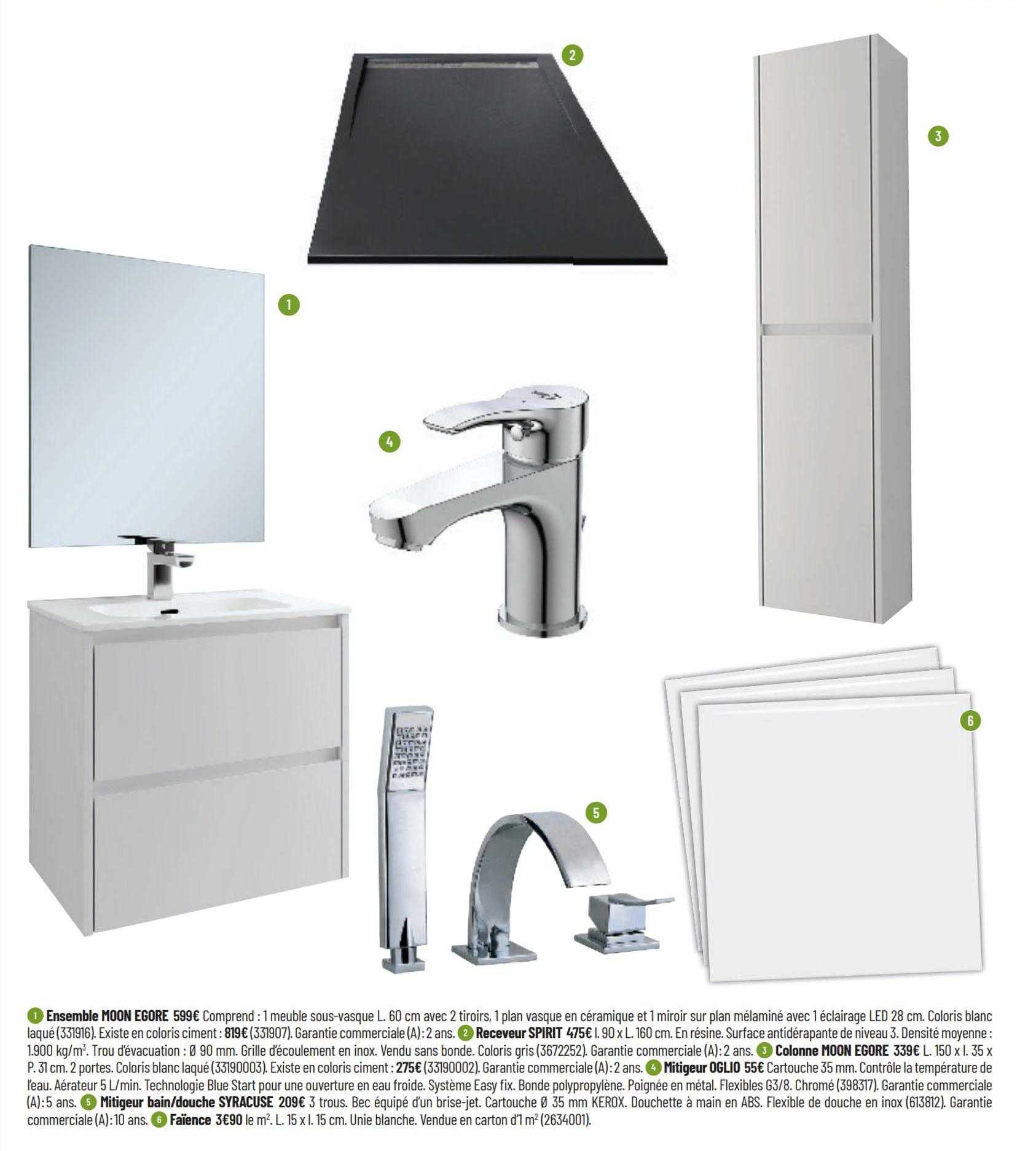 ensemble moon egore, receveur spirit, colonne moon egore, mitigeur oglio, mitigeur bain-douche syracuse, faïence