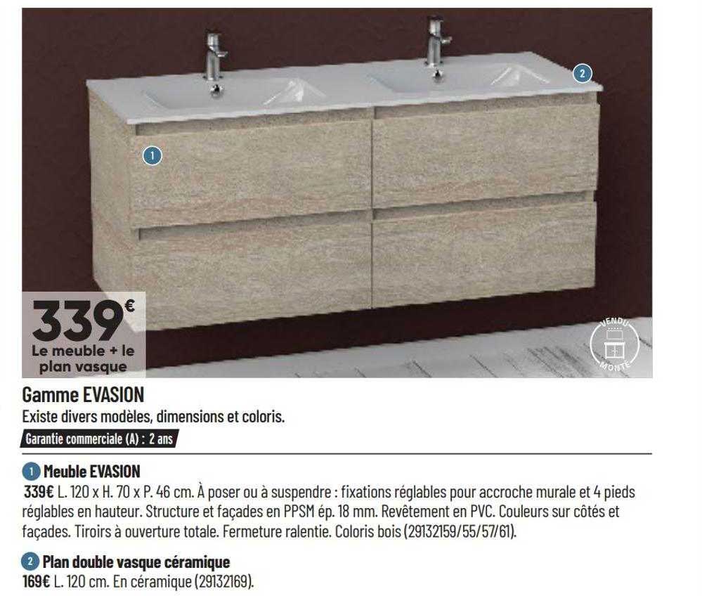 Gamme évasion : Meuble évasion, Plan Double Vasque Céramique