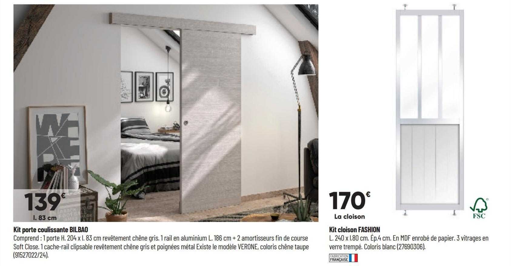 kit porte coulissante bilbao, kit cloison fashion