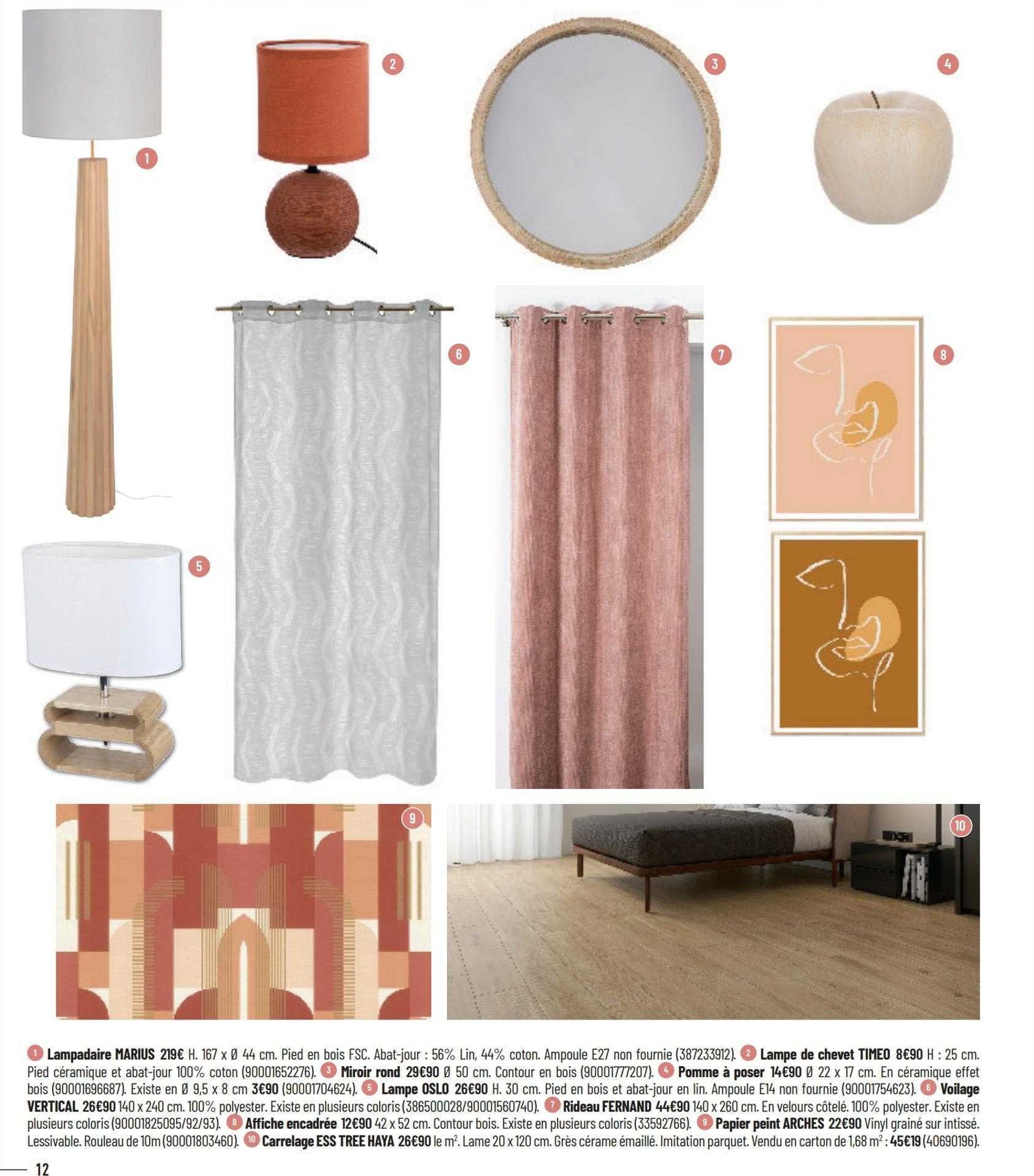 lampadaire marius, lampe de chevet timeo, miroir rond, pomme à poser, lampe oslo, rideau fernand, affiche encadrée, papier pain arches, carrelage ess tree haya